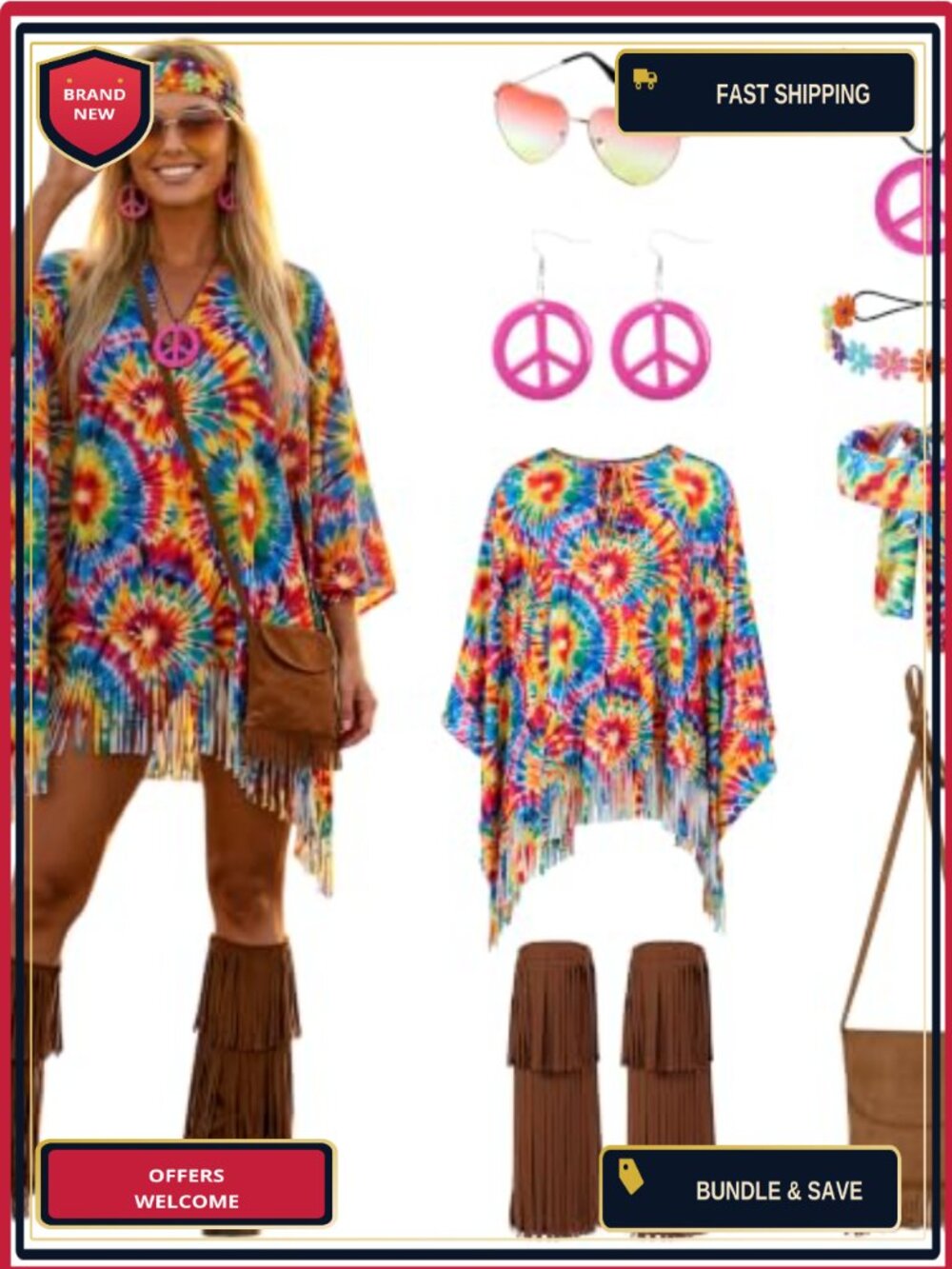 70s Hippie Costume Set Tie Dye Poncho Suede Fringe Bag Retro Accessories 8 Pc